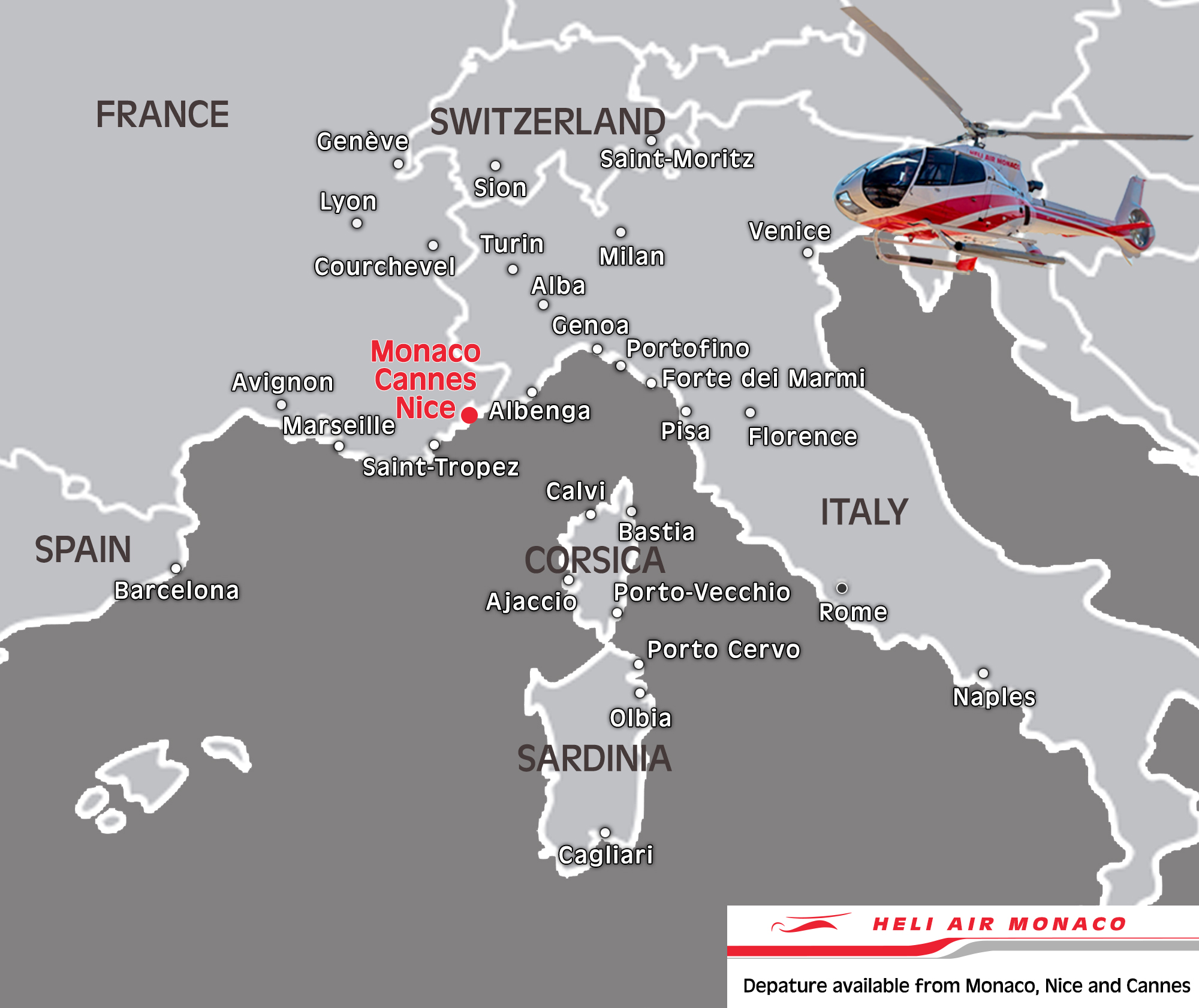 Destination France, Italie, Suisse -Vols privés- Héli air Monaco
